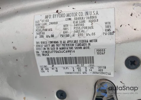 2003 Ford Explorer Sport Trac Xls/Xlt из США, поврежденный, VIN 1FMZU77E63UC69814